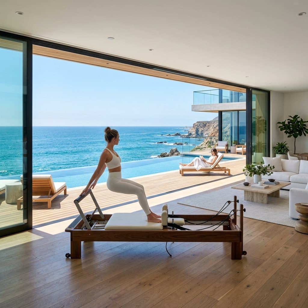 Reformer de Pilates junto a una piscina